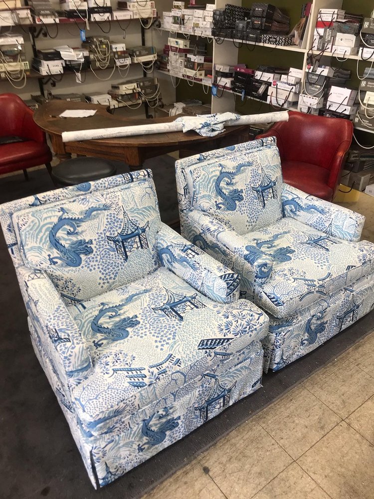 Blue Chinoiserie Armchairs and Ottoman