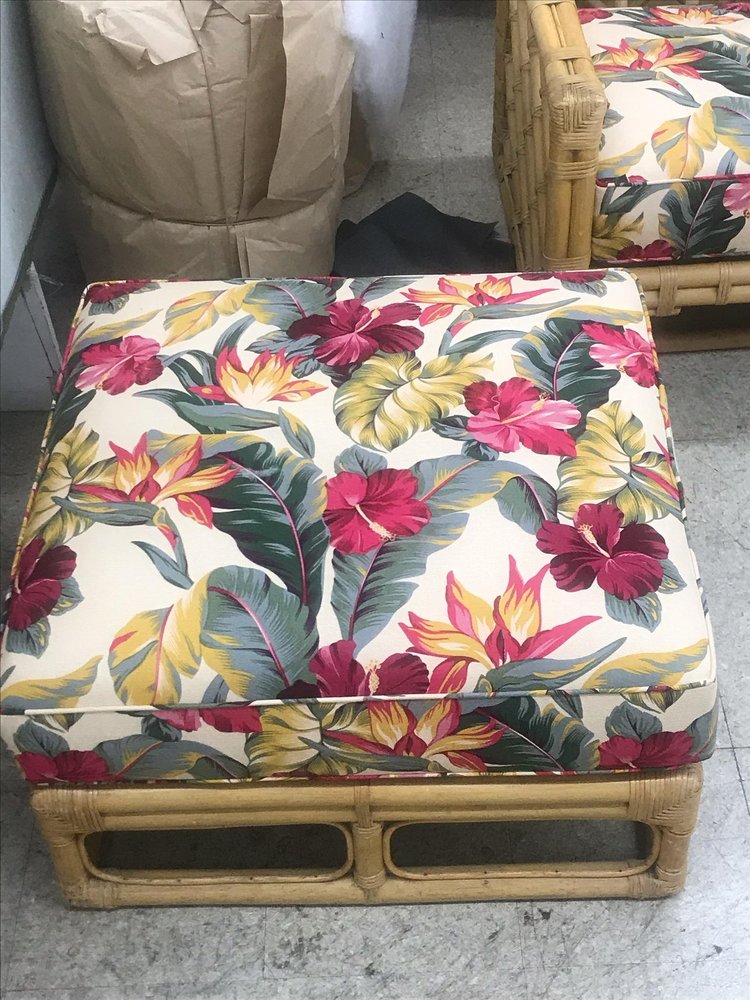 Hawaiian Print Rattan Ottoman