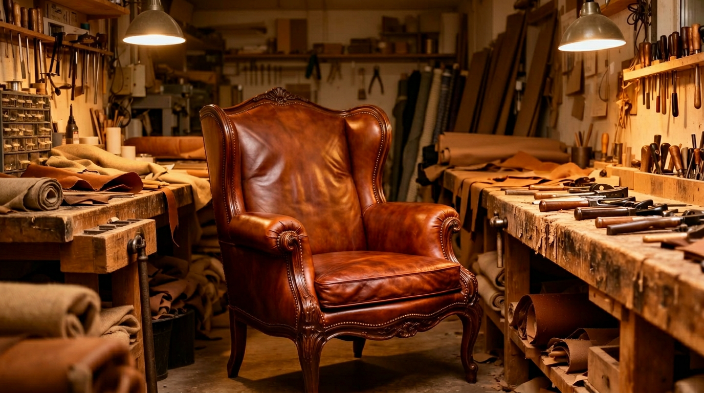 Craftsman working on upholstery at Angelo's workshop in North Hollywood