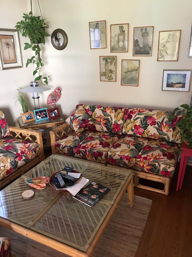 Tropical Floral Print Rattan Sofa Set