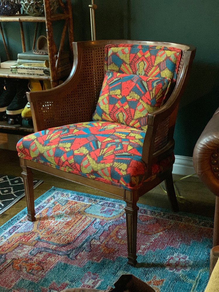 Vintage Cane Chair with Bold Fabric